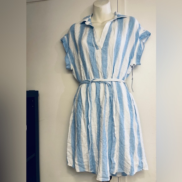 🚨 New Bella Dahl Belted Linen Blend Shirt Dress in Marina Blue Stripe Size M - Picture 2 of 7